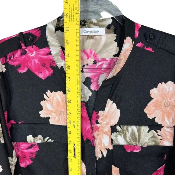 Calvin Klein Women L Black Pink Floral Button-Up Blouse Long Roll Tab Sleeve Top - Picture 11 of 16